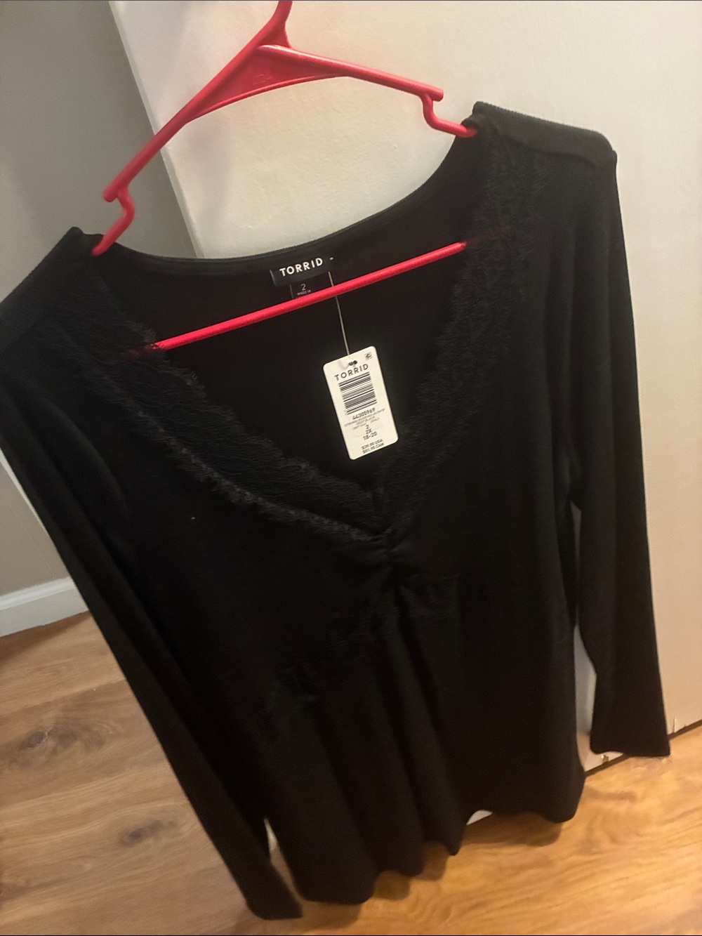 torrid Black V-Neck Long Sleeve Top with Lace Trim